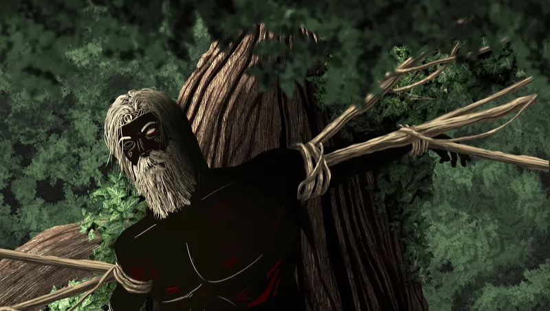 Cena de Grandes Mitos Vikings mostra Odin amarrado à maior árvore do mundo, Yggdrasil