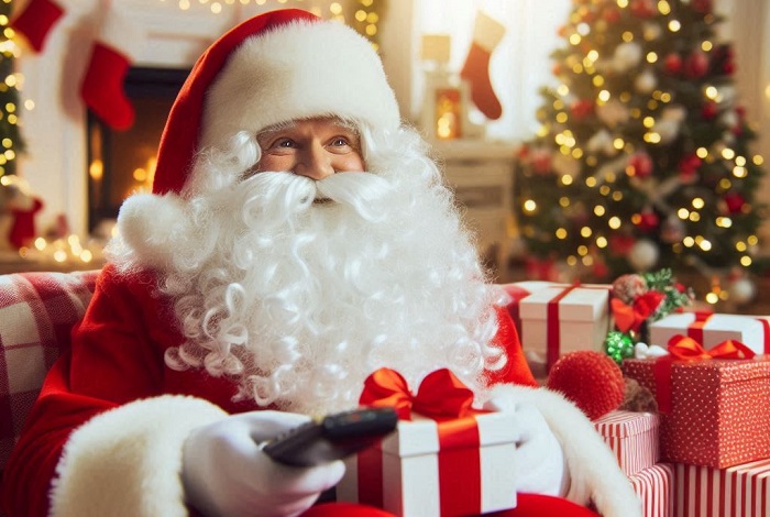 Papai Noel assistindo TV em sua casa no Natal